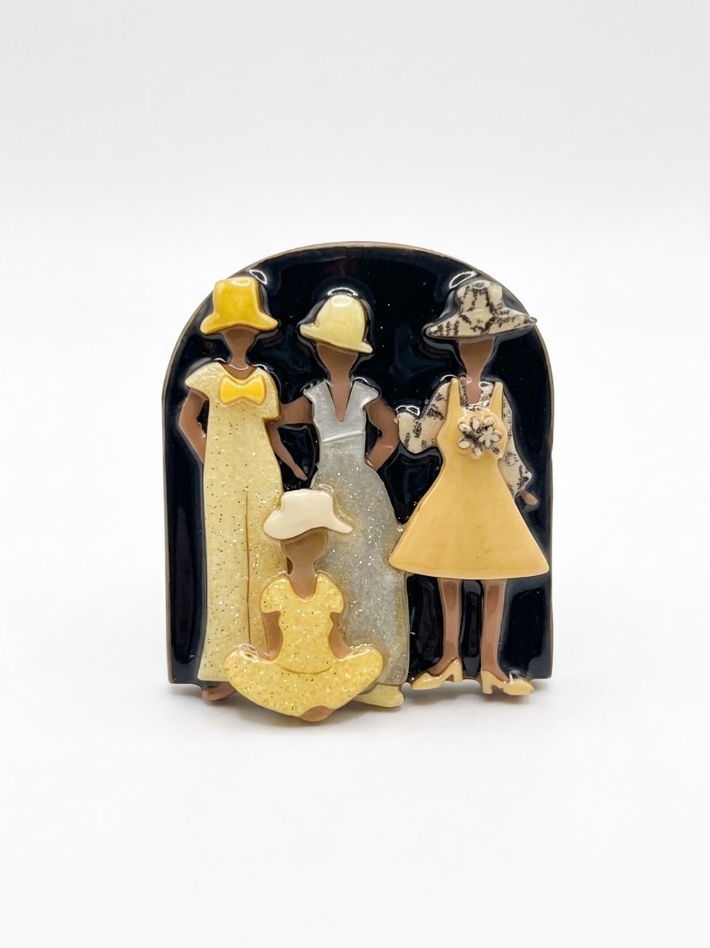 Designs by Lucinda • Vintage Woman Pin Brooch 3D Layered Yellow Dresses